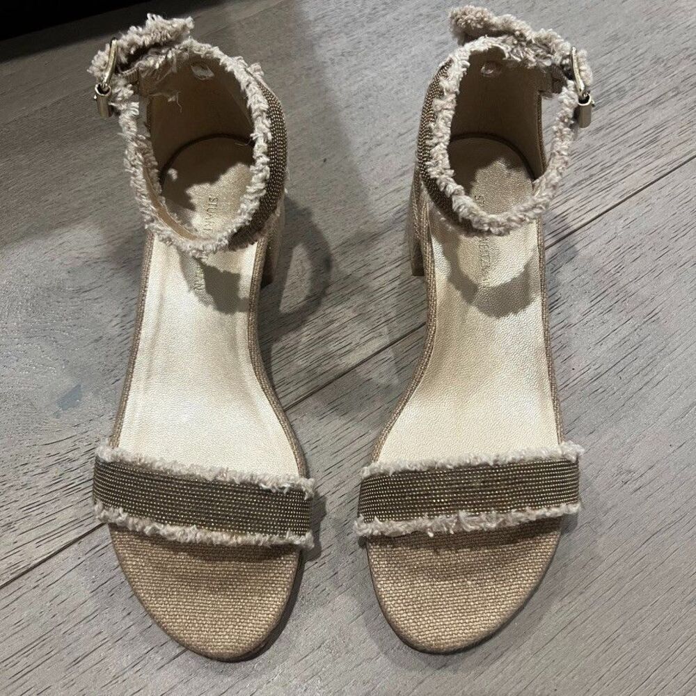 Stuart Weitzman Nudistchains Canvas Gold Sandals Tweed  Block US 6